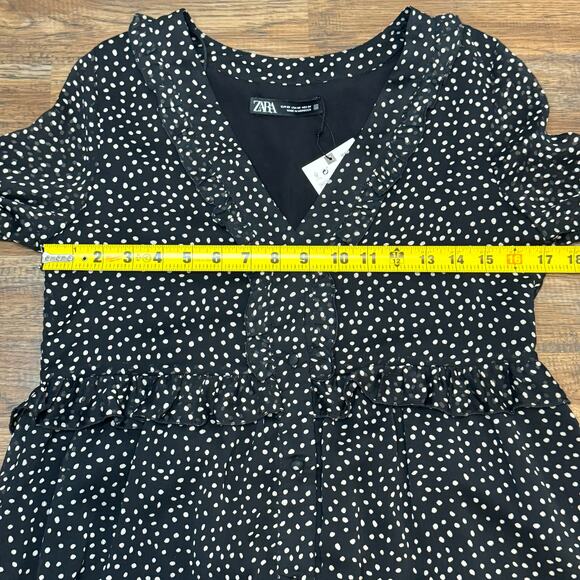 ZARA BLACK RUFFLED POLKA DOT PRINT DRESS WITH BUTTONS SIZE XS - Picture 4 of 15